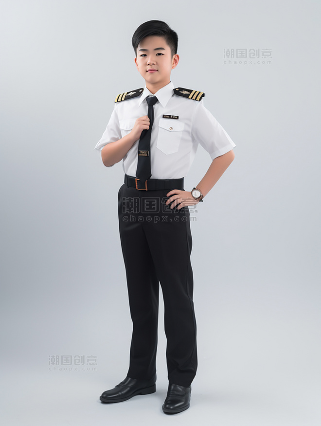 小小飞行员小男孩一张飞行员照片亚洲面孔男生全身照穿着专业服装很酷人像摄影风格