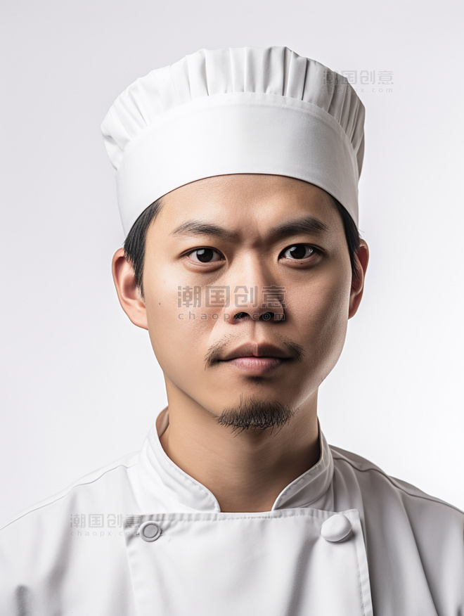 厨师一张厨师长的照片亚洲面孔男性全身照戴着厨师帽人像摄影