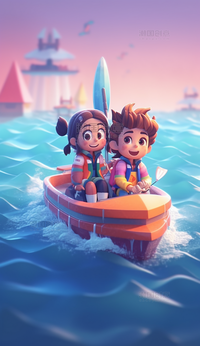 两个小孩坐在小船上夏天夏季旅游