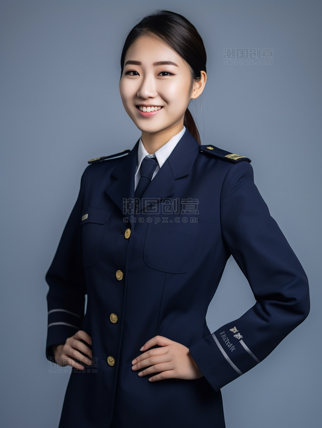 女飞行员的照片亚洲面孔女性全身照专业服装微笑人像摄影风格