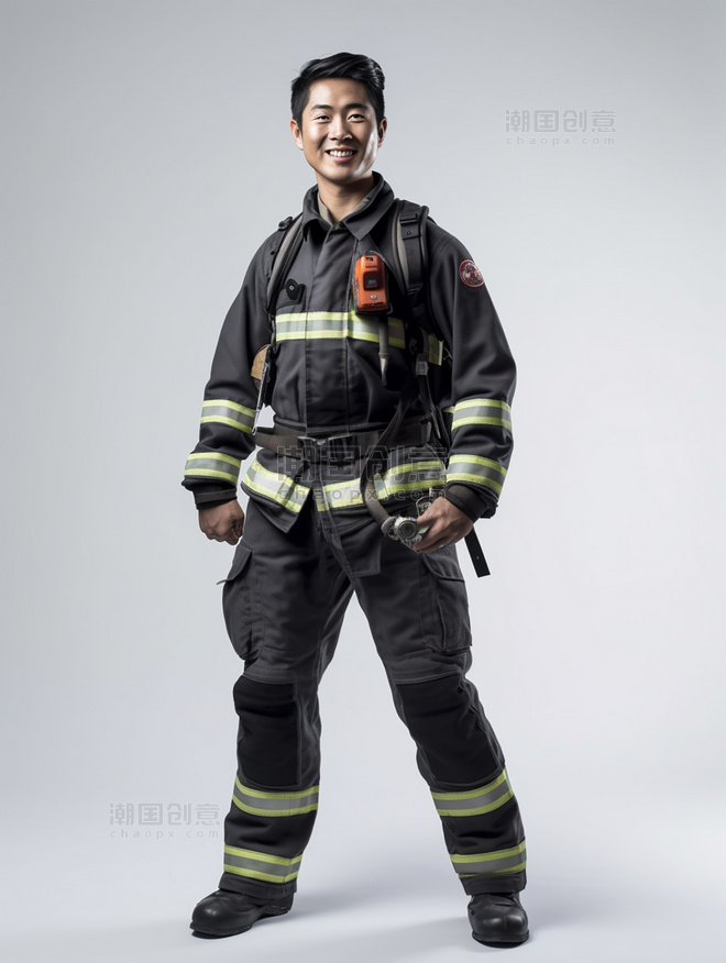 站立的专业消防员照片全身照穿着消防服成年男性人像摄影