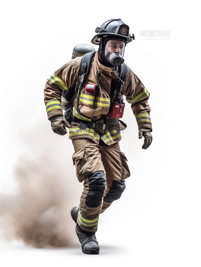 奔跑的专业消防员照片全身照穿着消防服成年男性人像摄影风格