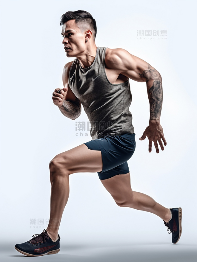 一张运动员照片人像摄影风格全身照成年男性奔跑姿势穿着运动衣