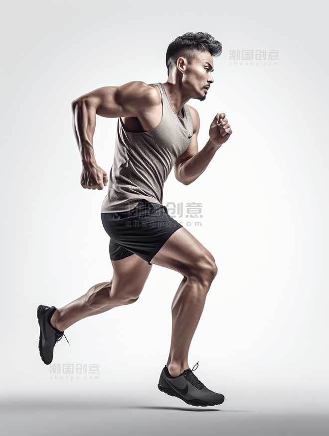 人像摄影风格一张运动员照片全身照成年男性奔跑姿势穿着运动衣