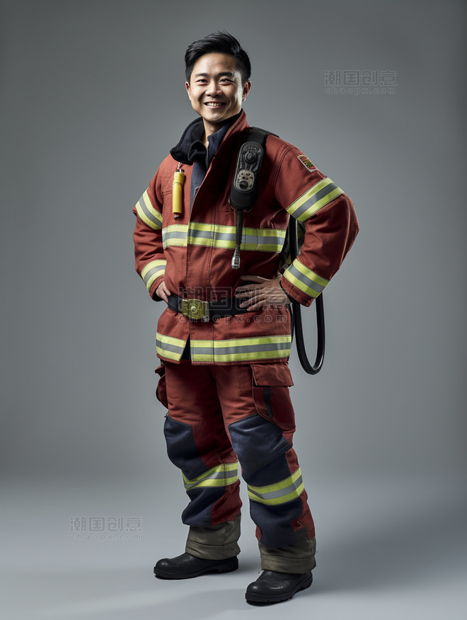 专业消防员照片站立的全身照穿着消防服成年男性人像摄影风格