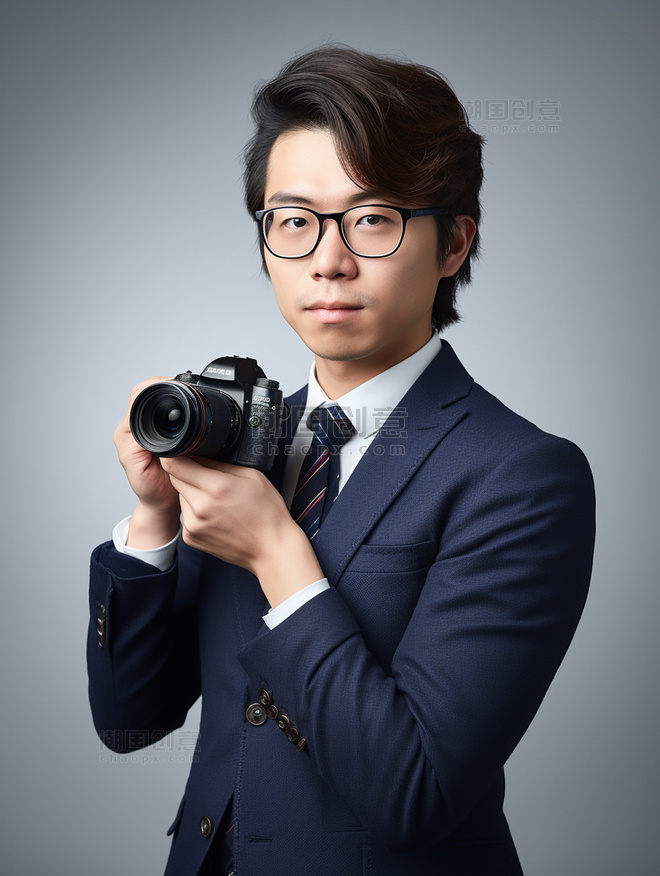 记者一张职场人照片穿着正式拿着相机人像摄影风格