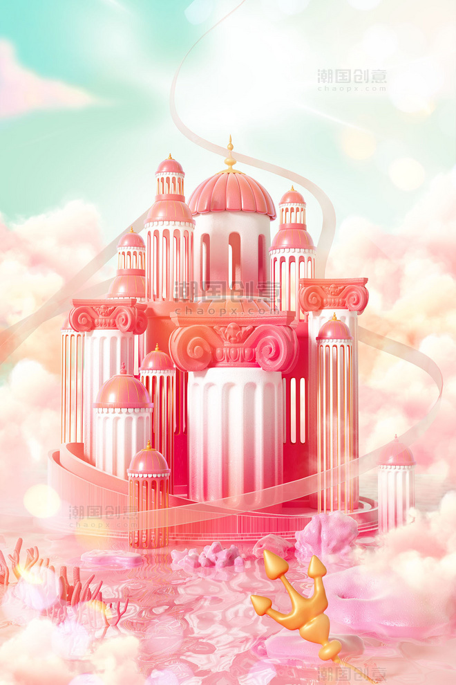 520情人节3D立体粉色梦幻城堡电商场景