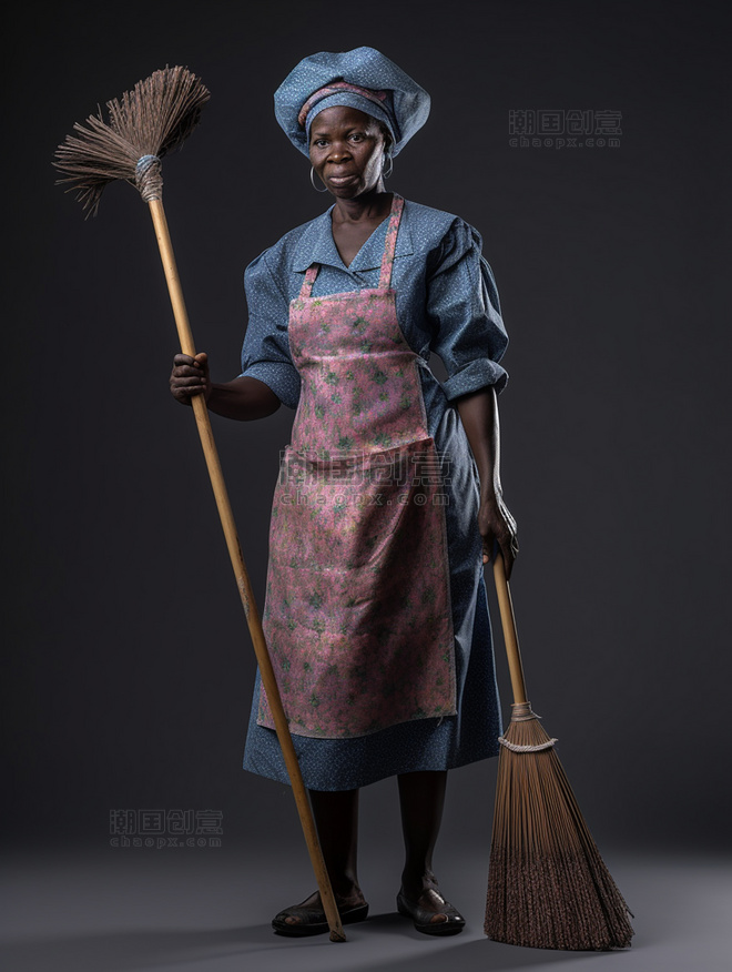 打扫卫生专业的外国清洁工拿着清洁工具微笑女性穿着专业清洁服装人像摄影风格