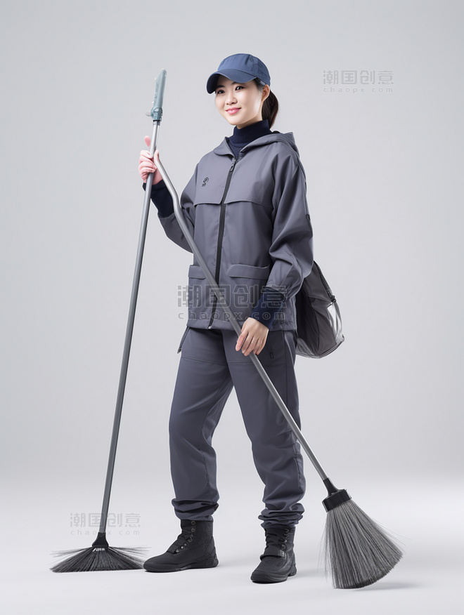 女性专业的清洁工拿着清洁工具微笑穿着专业清洁服装人像摄影风格