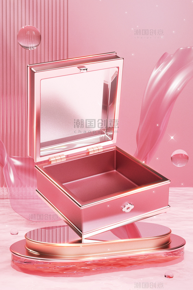 粉色3D立体精致玻璃风美妆电商展台场景