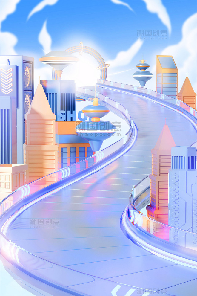 618电商科技感3D立体城市建筑隧道通道场景