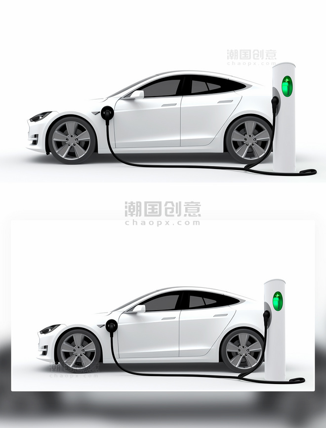 白色新能源汽车充电桩充电摄影