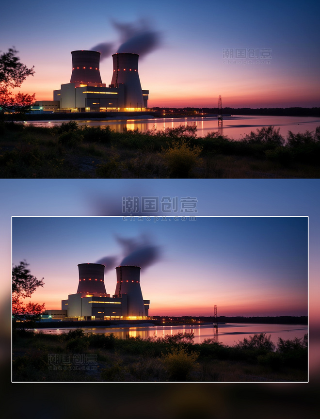 夜晚彩霞核能工厂新能源环保摄影