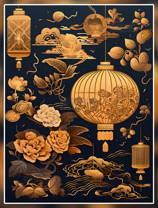 花月夜灯笼元素数字艺术国潮中国风金色