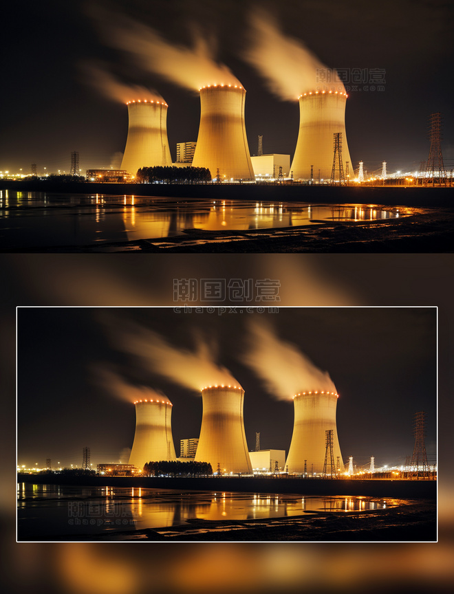 晚上核能发电工厂摄影新能源环保