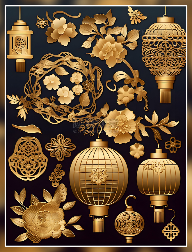 花团锦簇灯笼元素数字艺术国潮中国风金色