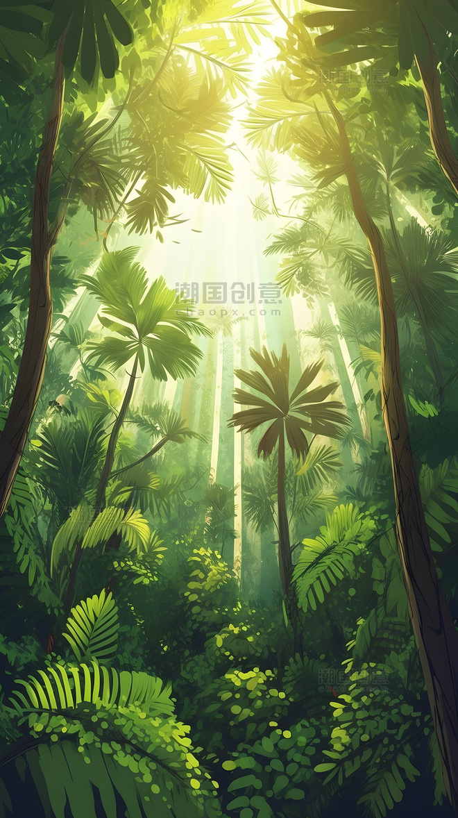 春夏热带森林椰子树场景插画