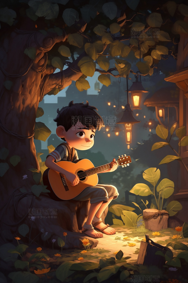 可爱小男孩在弹吉他插画