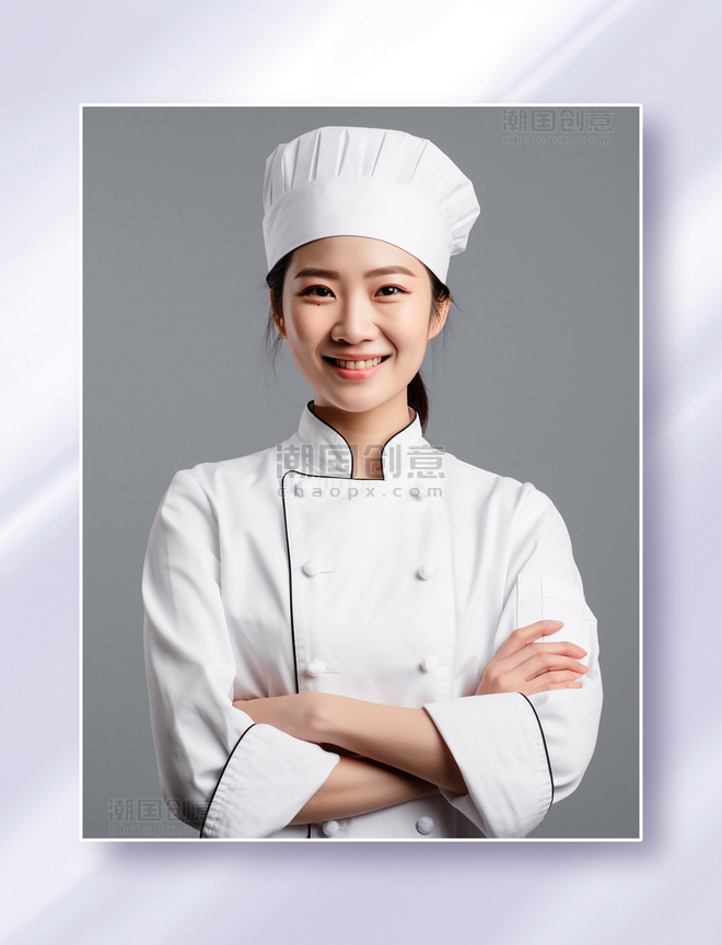 微笑的美女厨师穿着白色厨师衣帽正面半身照人物