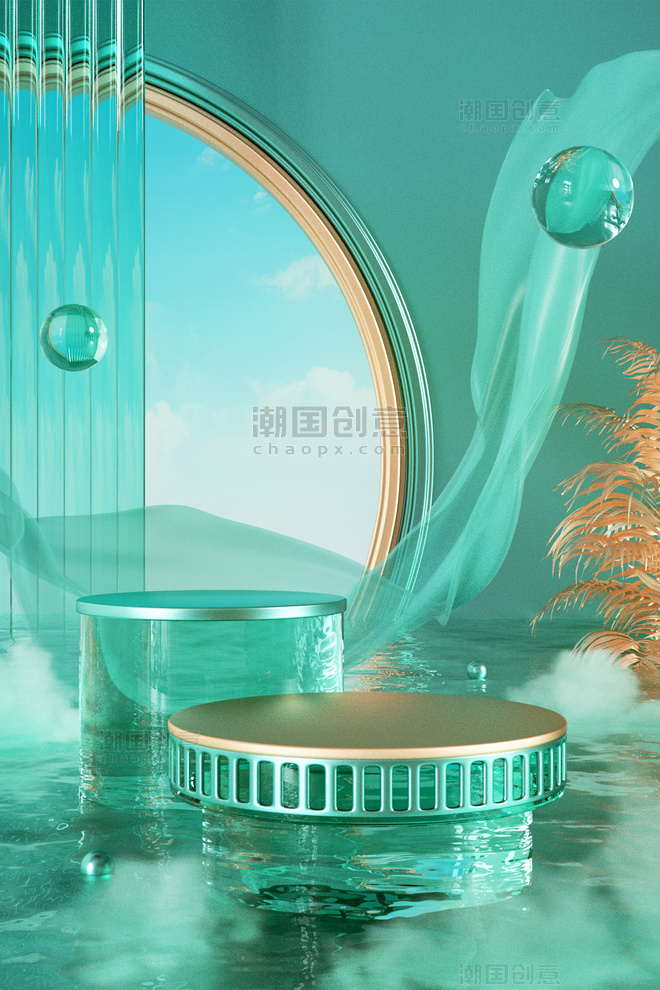端午3D立体玻璃水面清透中国风电商促销展台
