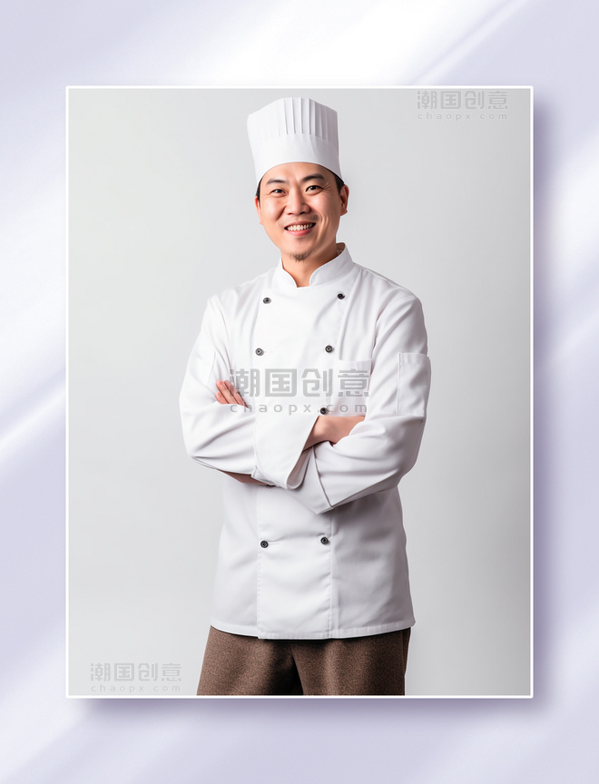 微笑的男性厨师大厨穿着白色厨师服半身正面照人物
