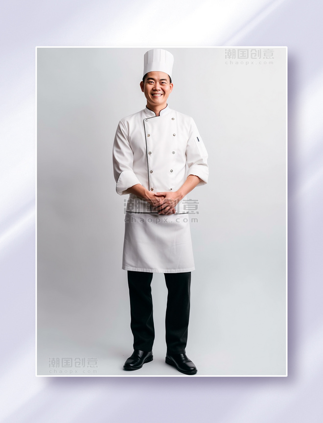 男性厨师全身正面职业照摄影图微笑穿着白色厨师服人物