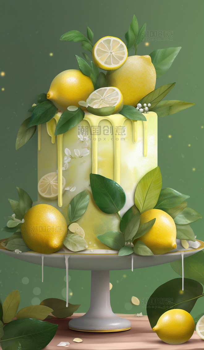 黄色点心奶油牛奶蛋糕柠檬AI绘画插画