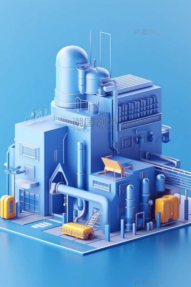 蓝色3D立体卡通工厂流水线