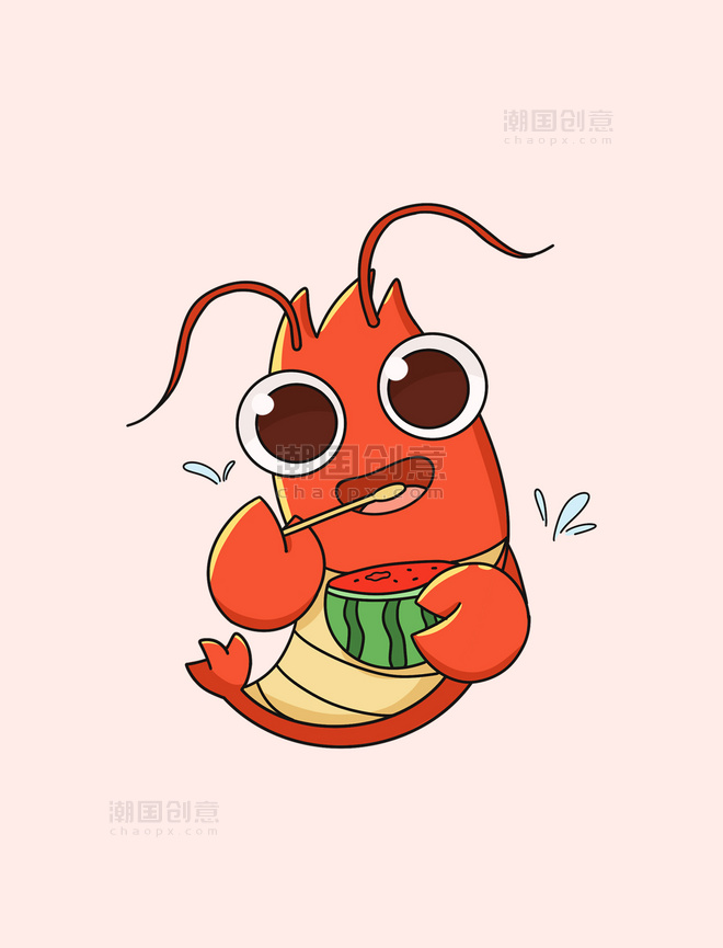 小龙虾简约扁平卡通可爱龙虾吃西瓜