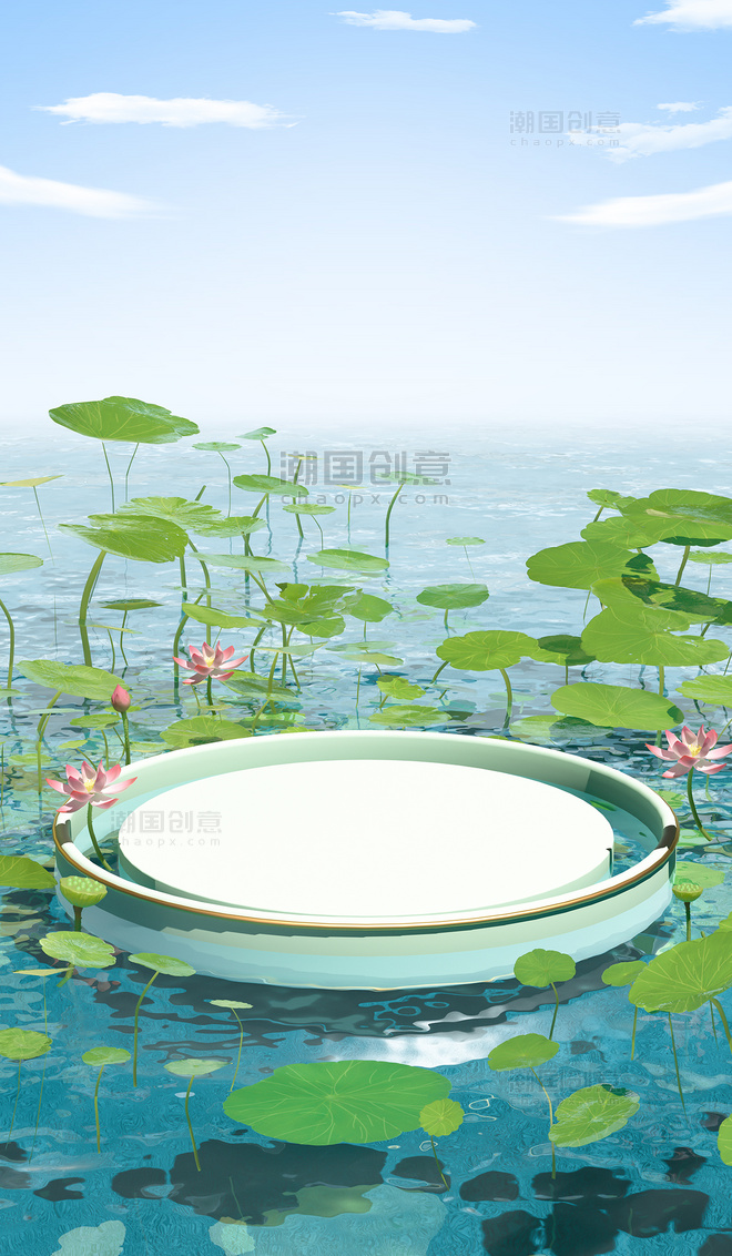 夏日夏天夏季3D立体荷花池塘场景