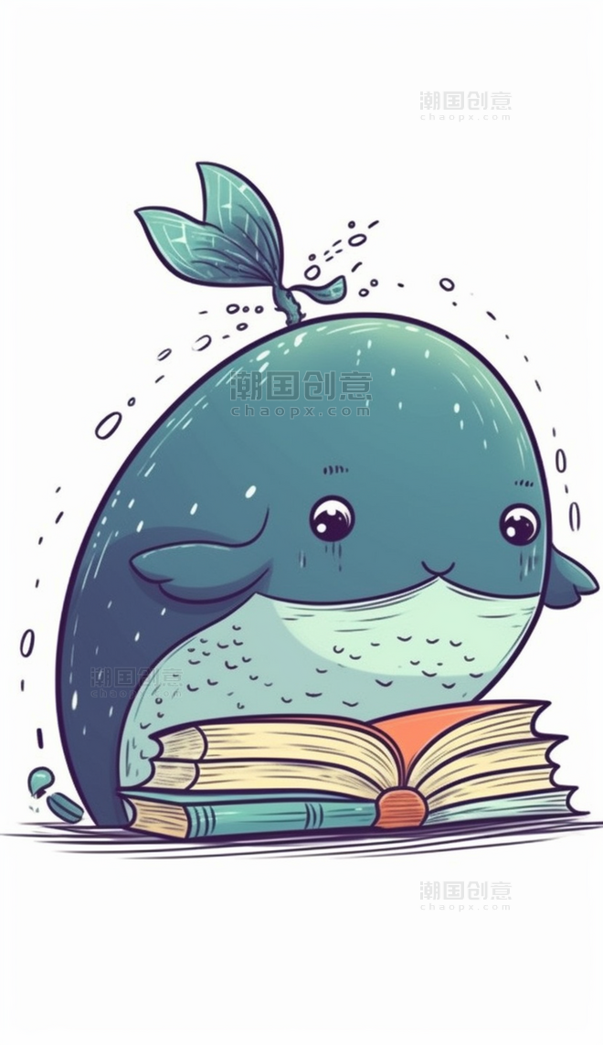 拟人卡通2d鲸鱼看书动物