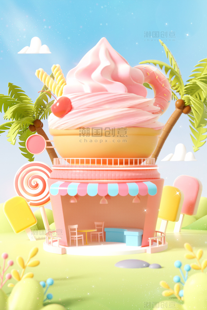 3D夏日美食甜品冰淇淋创意促销场景