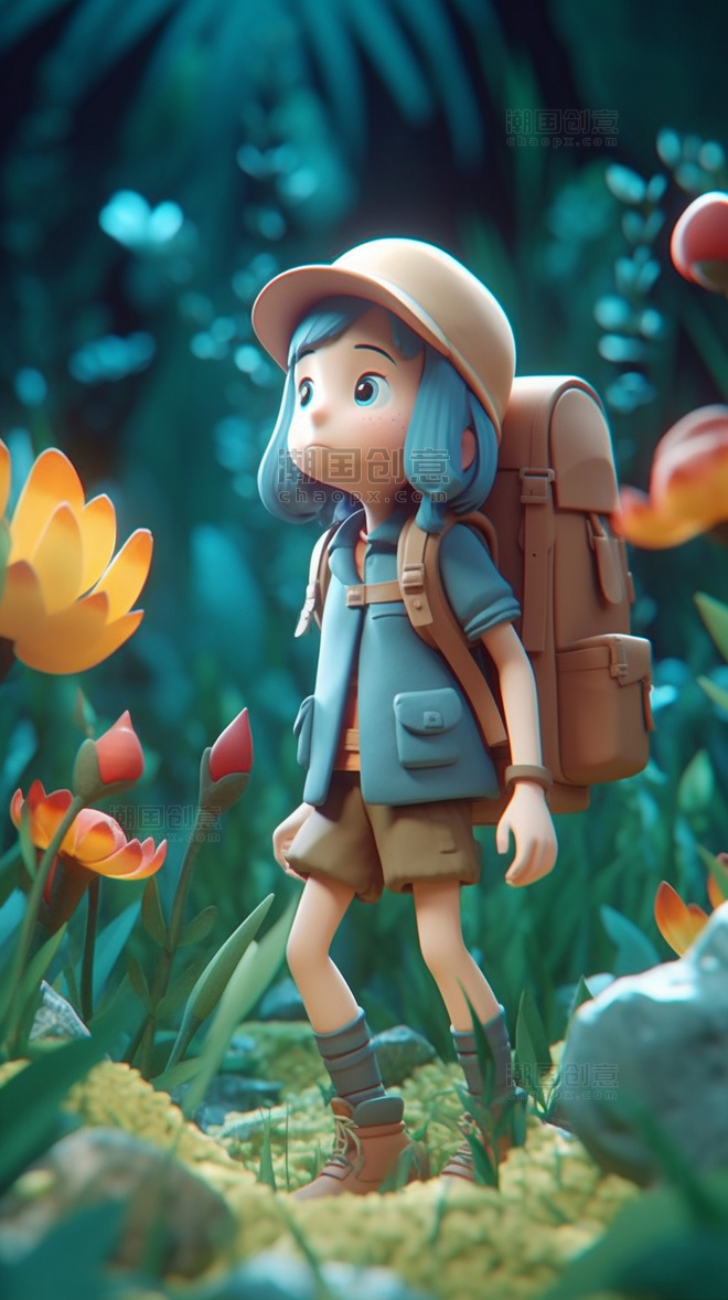 一个背着背包和鲜花的卡通女孩3D插画