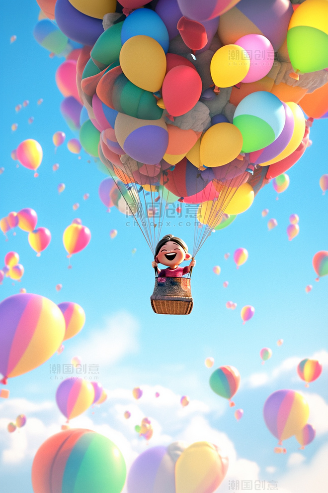 一个卡通可爱小女孩坐在气球上空中蓝天插画