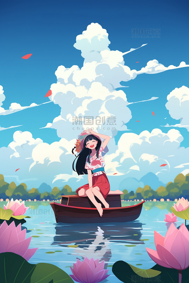 少女在荷花池里划船夏天唯美风景插画