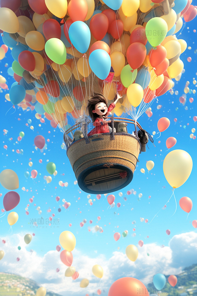 一个卡通可爱小女孩坐在气球上空中插画