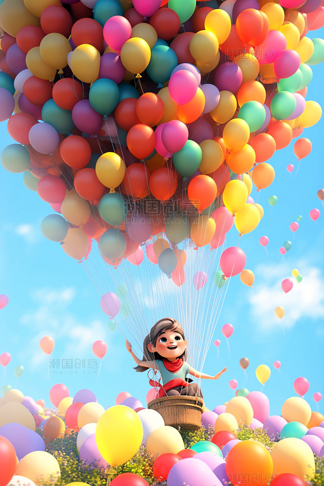 小女孩坐在气球上空中插画