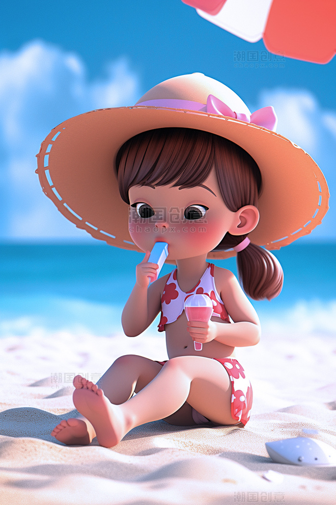 一个小女孩卡通场景3d立体沙滩插画