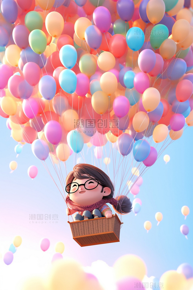 一个卡通可爱小女孩坐在气球上空中彩色插画