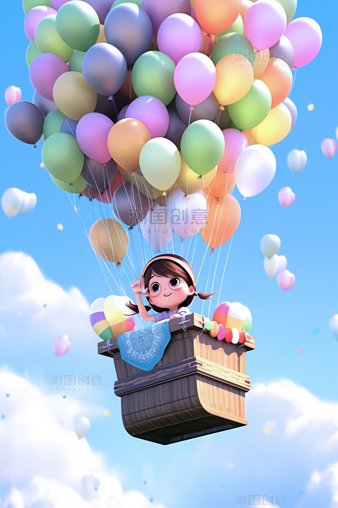 可爱小女孩坐在气球上空中插画