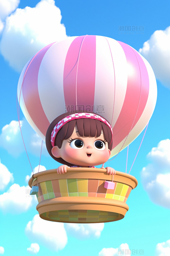 夏天小女孩坐在热气球上梦幻场景插画