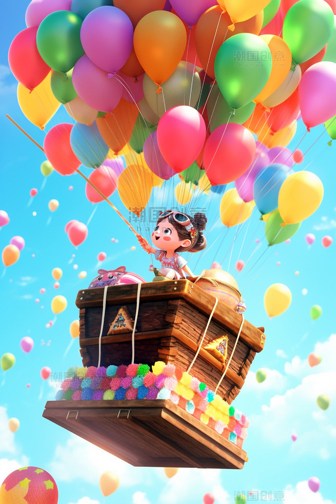 卡通可爱小女孩坐在气球上空中插画