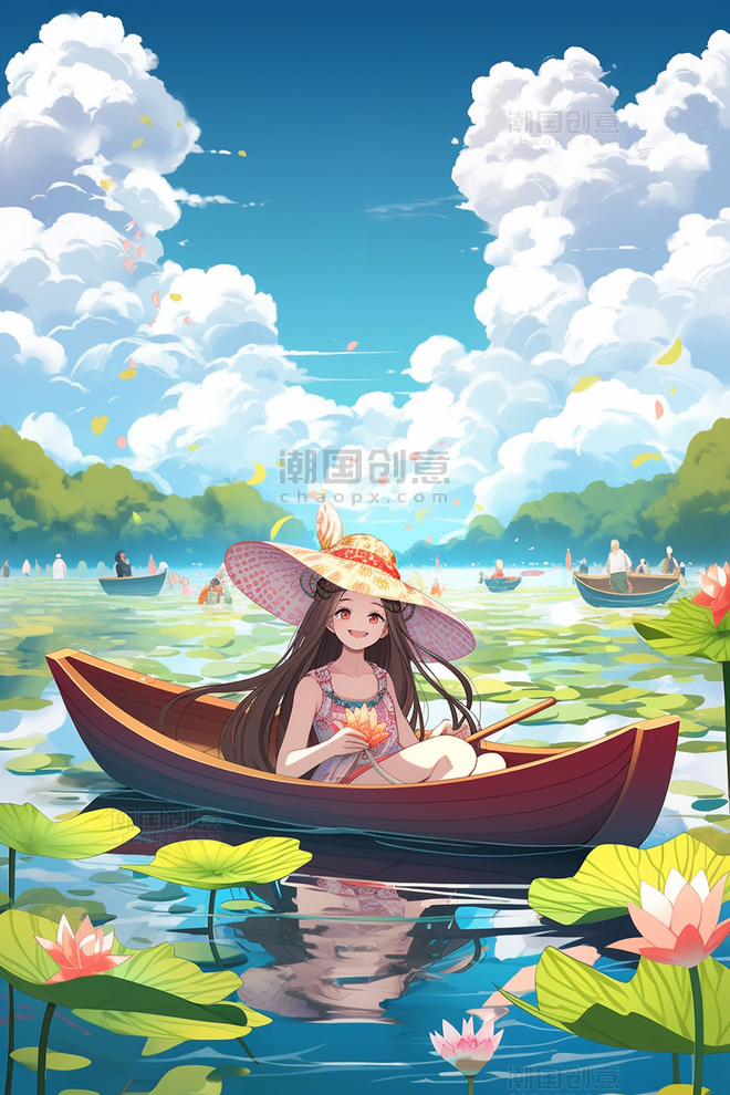 夏季少女在荷花池里划船夏天唯美风景插画