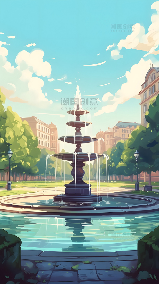 夏日城市街景公园喷泉景色插画