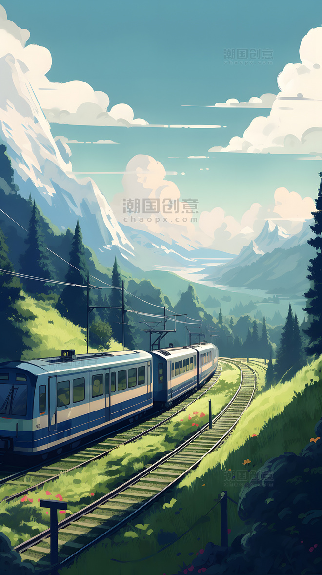 夏日清新郊外远山绿色草地火车插画