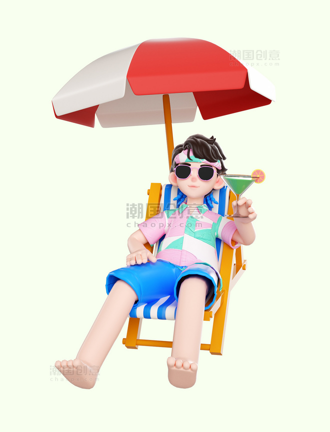 3d立体夏季夏天海边度假人物晒太阳男生