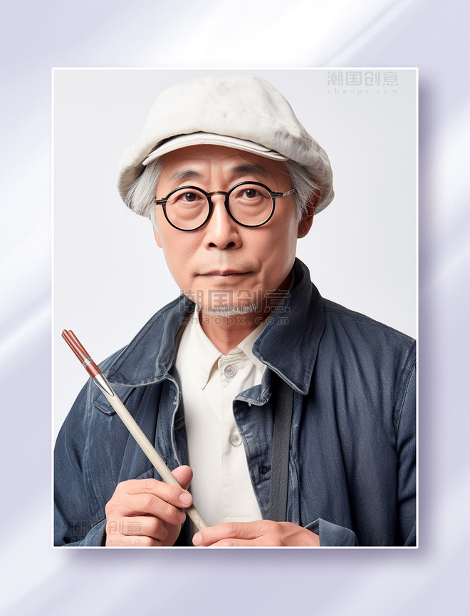 戴着眼镜和白色帽子的老年男性设计师书法家画家半身职业照