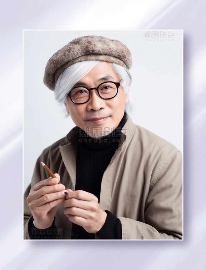 成熟的男性设计师画家书法家戴着帽子和眼镜半身职业照