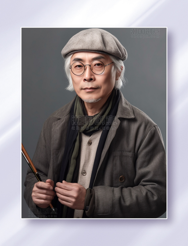 年长的男性亚洲设计师艺术家画家书法家戴着帽子和眼镜职业照
