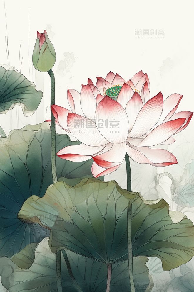 楚如画 荷花圖 荷花荷叶中国风荷花水墨画夏日盛开的荷花图片_潮国创意